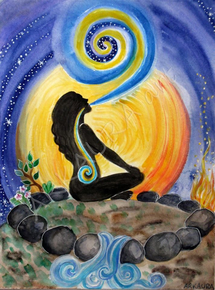 a painting of a woman sitting on rocks in front of the moon and water with swirls