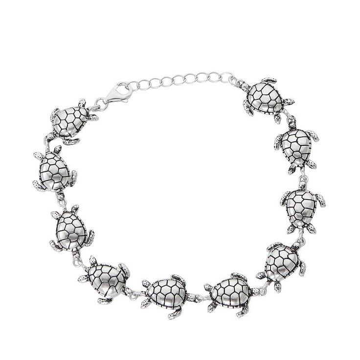 "Add a fun touch to your casual attire with this sterling silver sea turtle bracelet. Add a fun touch to your casual attire with this sterling silver sea turtle bracelet. Chain type: link Length: 7.5 in. + 1-in. extender Metal: sterling silver Plating: rhodium Finish: oxidized Packaging: boxed Size: 6.5"". Color: Grey. Gender: female. Age Group: adult." Silver Turtle Jewelry, Casual Sterling Silver Bracelet, Casual Sterling Silver Jewelry, Tiffany Pearls, Sea Turtle Bracelet, Crystal Cuff Bracelet, Brighton Bracelets, Turtle Bracelet, Silver Sea