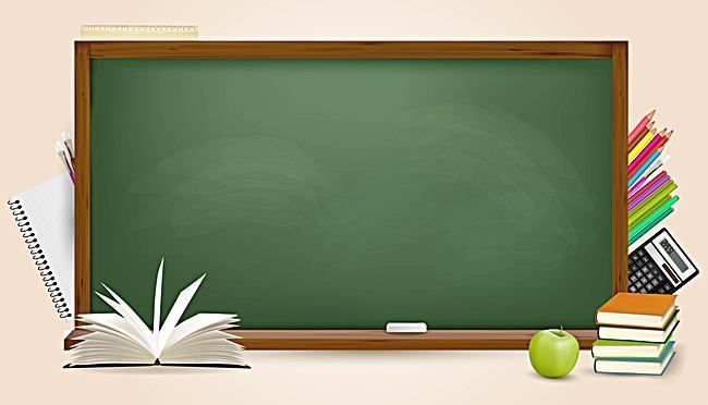 an empty chalkboard with books, pencils and an apple