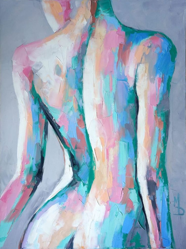 an abstract painting of a woman's back in pastel colors and black frame