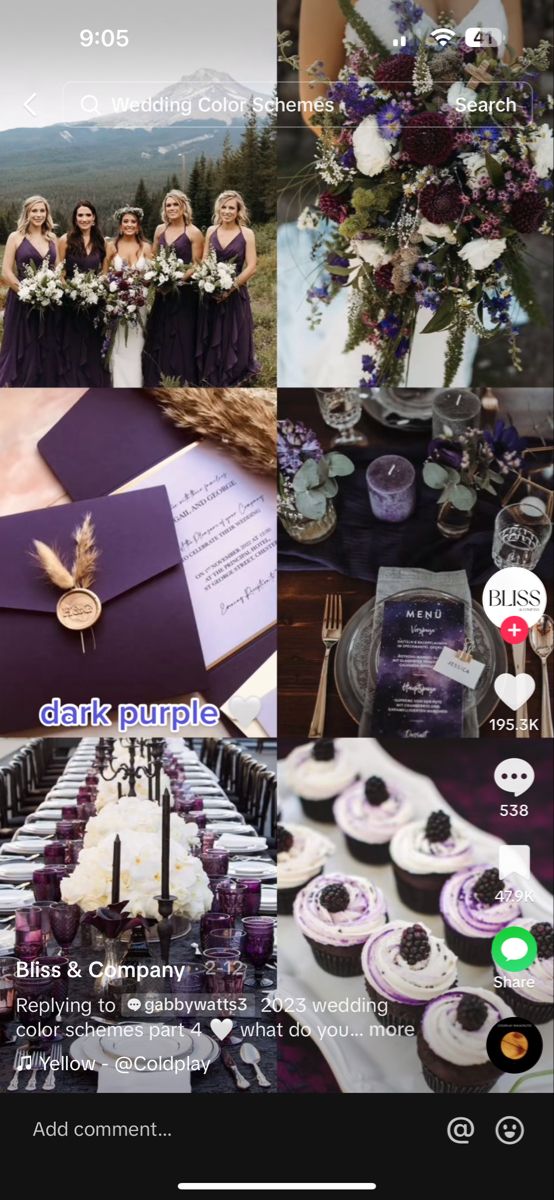 a collage of photos with purple and white wedding decorations on it, including cupcakes