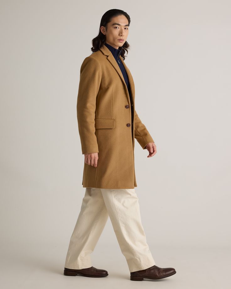 Complete your cold-weather look with this classic Italian Wool Overcoat. Made from a warm wool blend, this coat is a must for any weather condition and dresses up any look. It's a timeless investment piece (minus the investment).  | Quince | Men's Italian Wool Overcoat in Caramel, Size Medium, Wool/Nylon Brown Wool Coat For Business In Winter, Classic Winter Outerwear For Cold Weather, Wool Single-breasted Outerwear For Cold Weather, Beige Winter Outerwear For Business, Beige Winter Business Outerwear, Beige Business Outerwear For Winter, Beige Wool Outerwear For Cold Weather, Classic Beige Sport Coat For Winter, Brown Long Pea Coat For Cold Weather