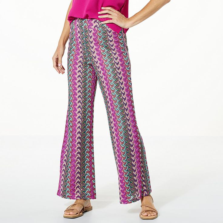 G by Giuliana Black Label Pull-On Crochet Wide-Leg Pant  This resort-ready crochet knit pant balances a cool, coastal vibe with a touch of femininity. Perfect for pulling on post dip, the wide-leg silhouette is perfect as a swimsuit coverup but can also be worn with a tank or cami for a no-fuss pulled together date-night look. Fitted Knit Bottoms For Spring, Spring Fitted Knit Pants, Fitted Knit Pants For Spring, Multicolor Bottoms For Fall Vacation, Knit Straight Pants For Spring, Multicolor Fall Vacation Bottoms, Pink Stretch Knit Bottoms, Trendy Stretch Knit Bottoms, Casual Knit Bottoms For Vacation