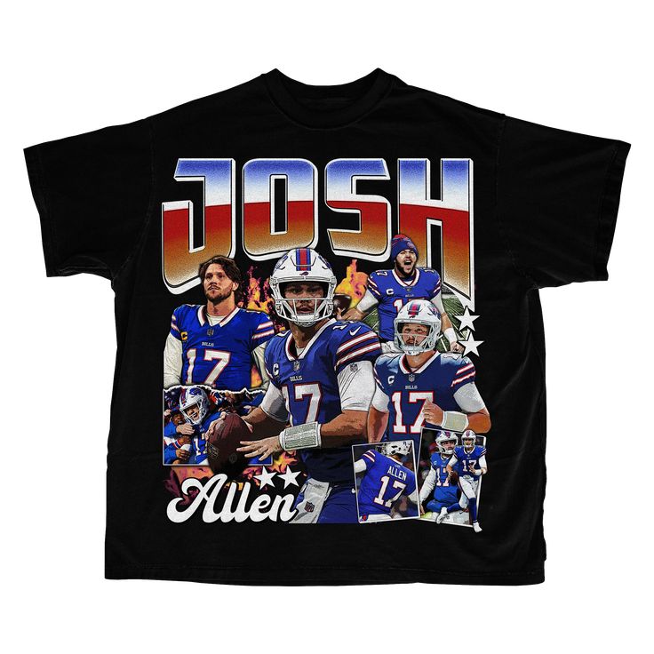 Josh Allen is an rising NFL star and this graphic tee is a tribute to the 90's nostalgic style Graphic Print T-shirt For Football Season Fan Events, Streetwear Sublimation T-shirt With Team Name, Streetwear Sublimation Short Sleeve With Team Name, Throwback Team Name T-shirt For Fan Gear, Fan Apparel Graphic Print T-shirt For Events, Football Season Team T-shirt For Streetwear, Football Season Team Name Streetwear T-shirt, Football Season Short Sleeve With Graphic Print, Short Sleeve Sublimation Design For Football Season