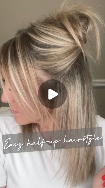 Half Up Short Hair With Bangs, Messy Bun With Pieces Out, Messy Half Up Bun Tutorial, Half Pony Bun Hairstyles, Flipped Half Up Half Down, Hair Styling Tutorials Medium, Easy Updos For Long Hair Casual, Teased Half Up Half Down, Messy Half Up Half Down Hairstyles