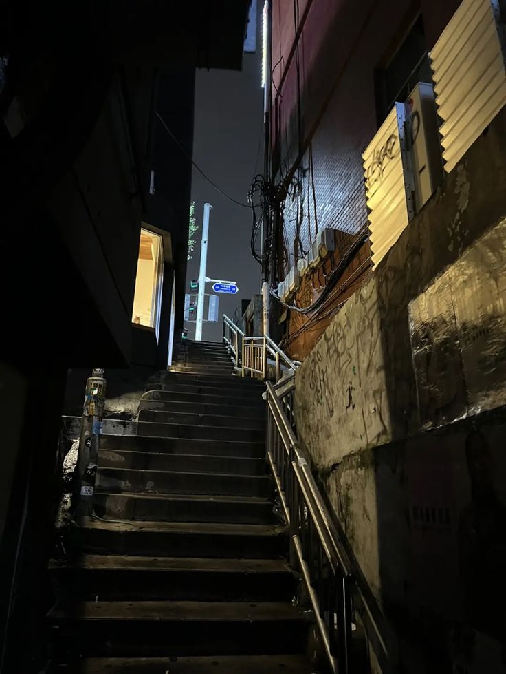 some stairs going up to the top of a building in an alleyway at night