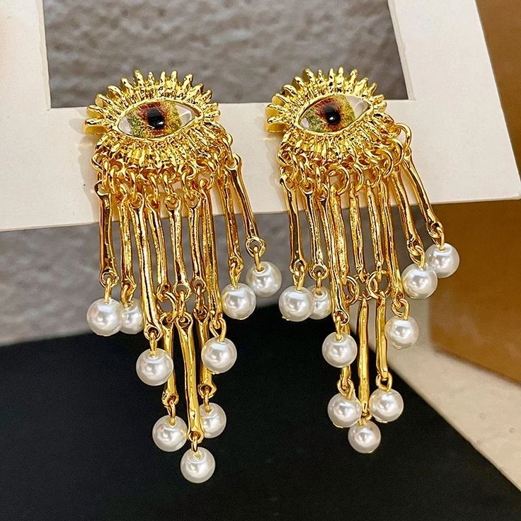 47220253720864 Metal Tassel Drop Earrings For Pierced Ears, Metal Tassel Dangle Earrings With Latkans, Pearl Pendant Earrings, Pearl Dangle Earrings, Golden Earrings, Jewelry Earring, Body Chain Jewelry, Pearl Earrings Dangle, Earring Type