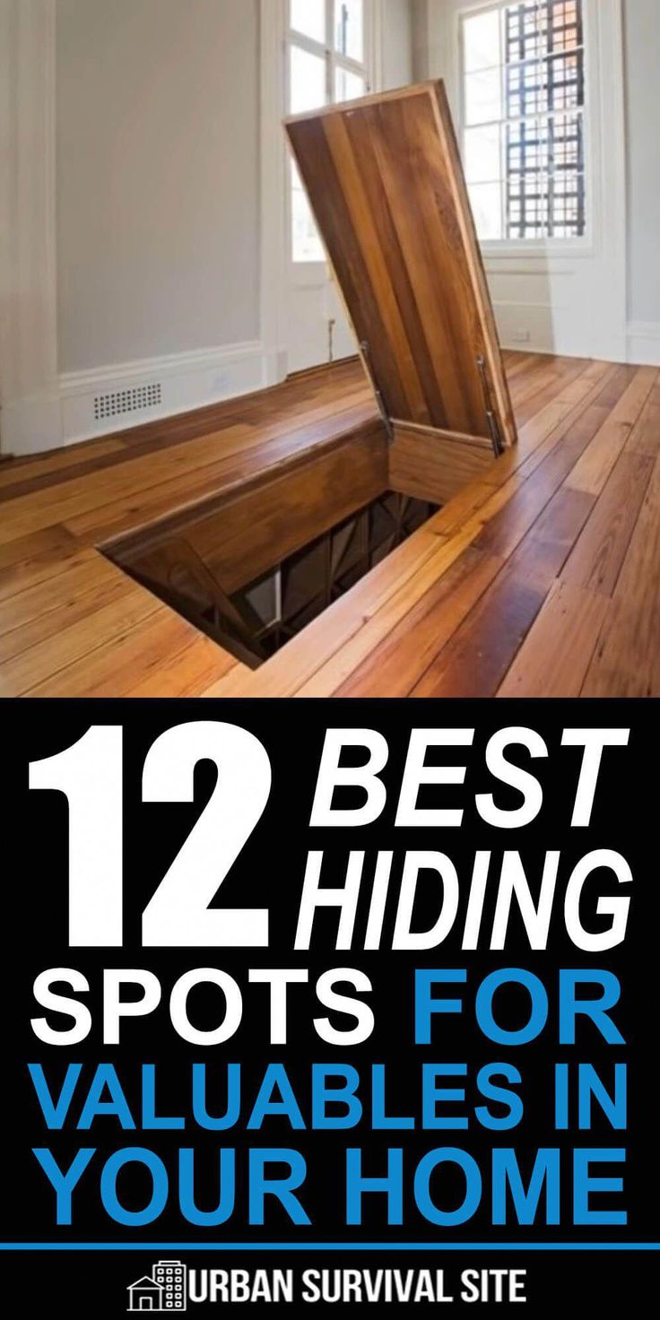 an open wooden box sitting on top of a hard wood floor with the words 12 best hiding spots for valuable items in your home