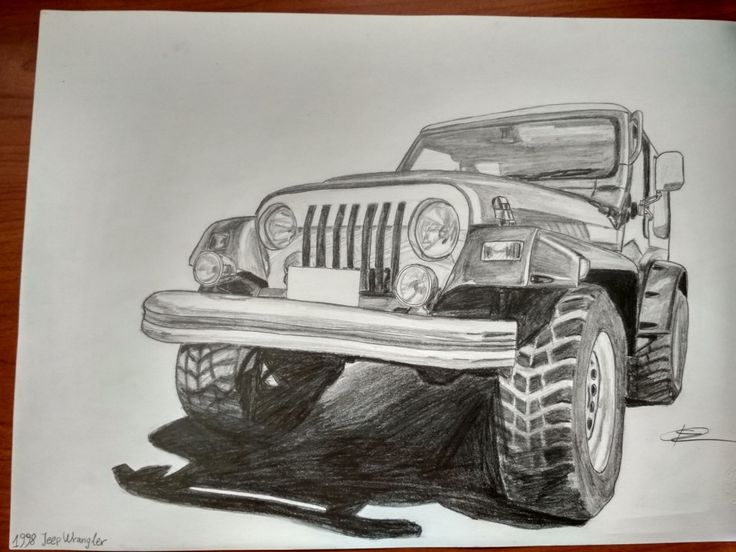 a pencil drawing of a jeep with the hood up and front lights on, parked