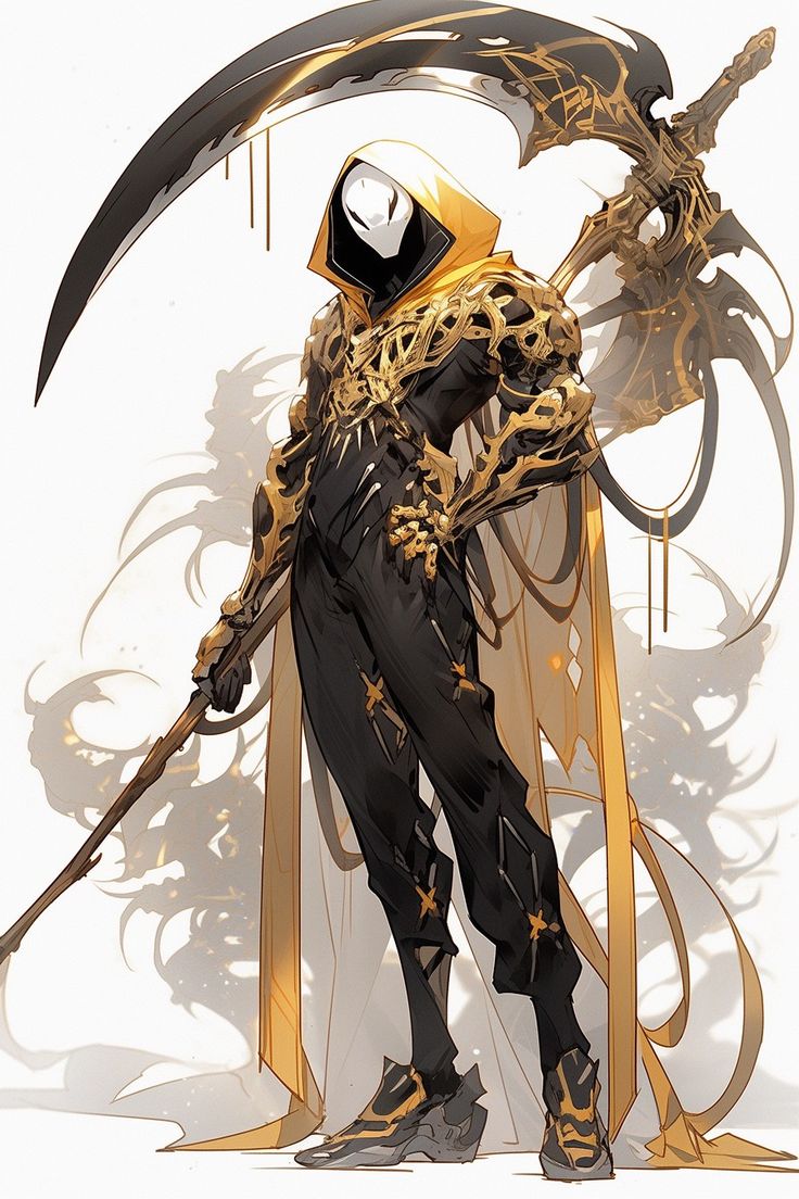 Cool Scythe Drawing, Character With A Scythe, Character Art Scythe, Anime Character With Scythe, Anime Scythe User, Oc With Scythe, Scythe Fantasy Art, Scythe Poses Drawing Reference Male, Fantasy Spider Art