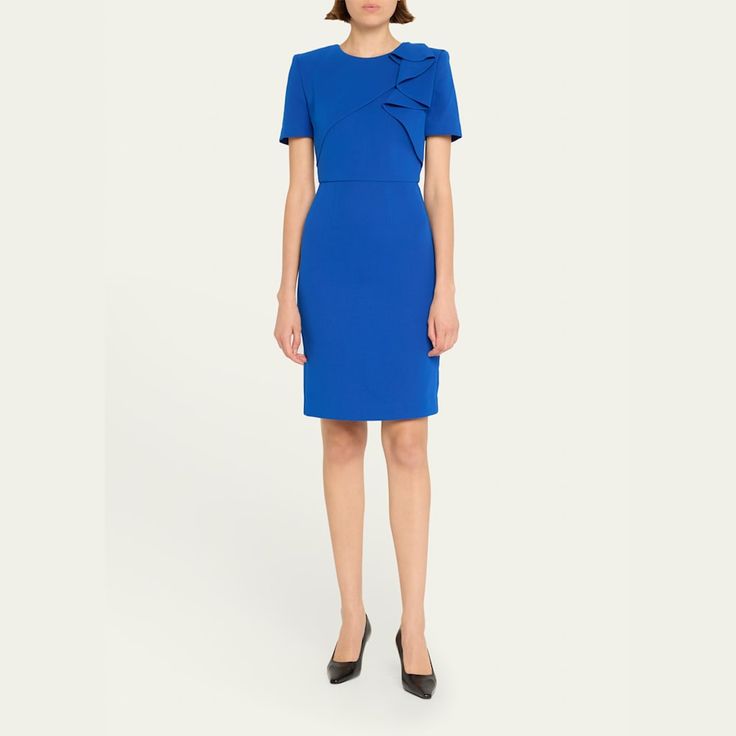 Roland Mouret cady midi dress features ruffled details at the front  Round neckline Short sleeves Hem falls below the knee A-line silhouette  Back zip closure  Acetate/polyester Lining: Polyester Dry clean Imported Formal Structured Crepe Dress, Knee-length Cocktail Dress With Ruffle Hem, Cocktail Knee-length Dress With Ruffle Hem, A-line Dress With Ruffle Hem For Work, Knee-length Midi Dress With Ruffle Hem For Cocktail, Fitted Midi Length Ruffle Dress For Formal Occasions, Structured Knee-length Midi Dress For Cocktail, Office Sheath Midi Dress With Ruffles, Structured Knee-length Evening Dress