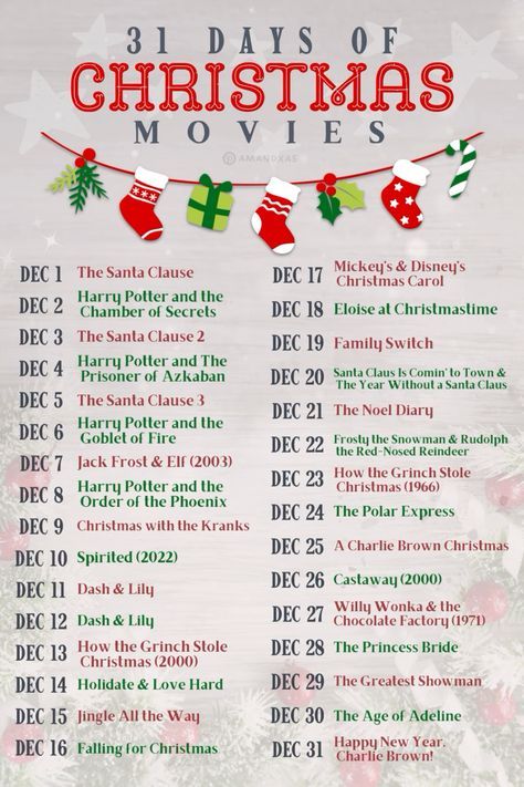 the christmas movies list is shown in red, green and white with presents on it