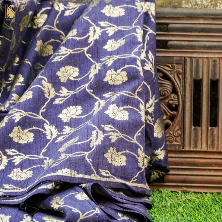 Midnight Blue Pure Raw Silk Banarasi Fabric - Khinkhwab Festive Indigo Saree With Zari Work, Blue Katan Silk Blouse With Motifs, Blue Katan Silk Blouse Piece With Motifs, Indigo Saree With Pallu, Indigo Saree With Pallu Detail, Traditional Indigo Saree For Festive Occasions, Festive Indigo Traditional Wear With Traditional Patterns, Blue Raw Silk Blouse Piece With Traditional Patterns, Blue Tussar Silk Blouse Piece With Motifs