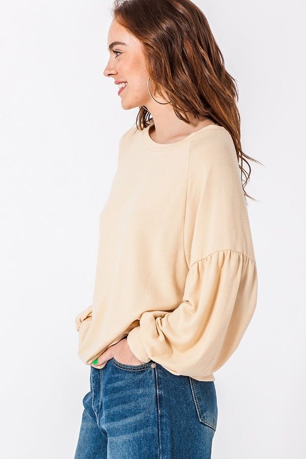 Medium Weight Top 97% Polyester 3% Spandex Stretchy Crew Neckline Drop Shoulders Long Puffy Sleeves Model is 5’9 tall, 34B chest, 26” waist and 35” hips and wearing a size small Long Puffy Sleeves, Sweater Cream, Fall Sweater, Puffy Sleeves, Fall Sweaters, Casual Wardrobe, Medium Weight, Fashion Store, Bell Sleeve Top