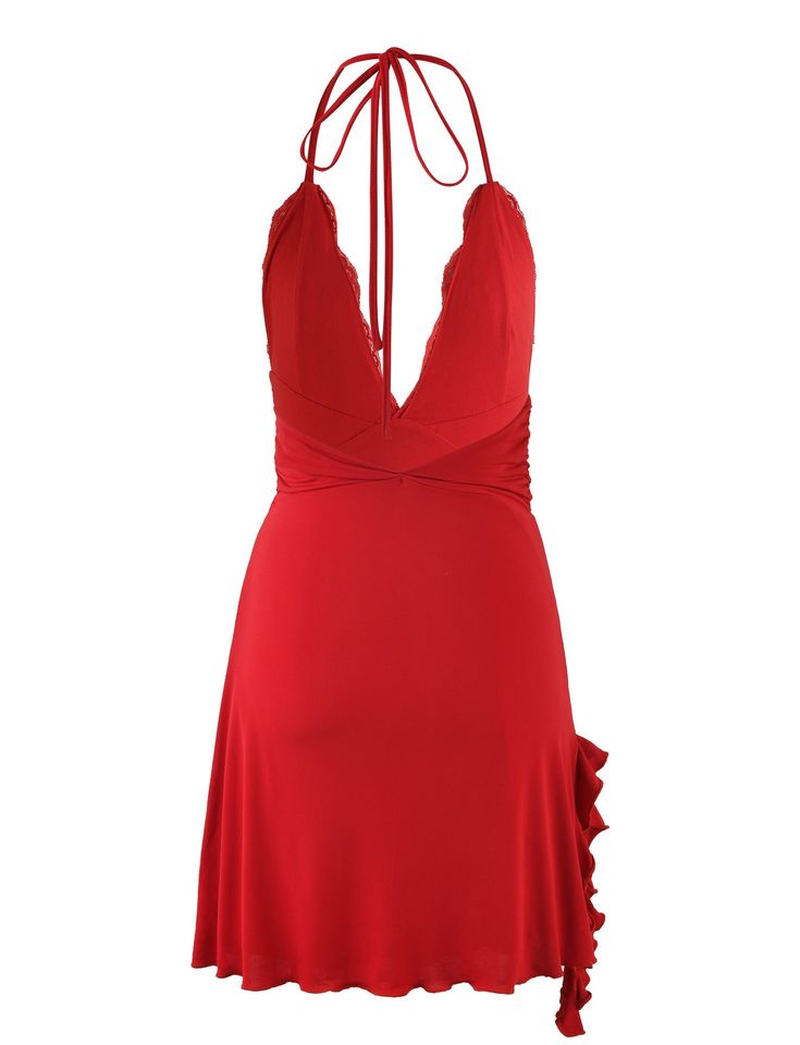 Red Dresses With Spaghetti Straps And Ruched Back, Red Backless Dress With Ruched Back, Red Dress With Spaghetti Straps And Ruched Back, Red Dress With Ruched Bodice And Spaghetti Straps, Halter Neck Backless Dress With Ruffles For Night Out, Red Sleeveless Tie-back Backless Dress, Red Sleeveless Backless Dress With Tie Back, Fitted Halter Dress With Ruffles And Spaghetti Straps, Red Fitted Dress With Crisscross Straps