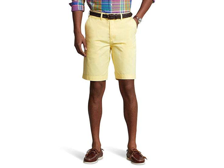 Polo Ralph Lauren 10 Relaxed Fit Twill Shorts - Men's Shorts : Yellow : Hit the street in style by wearing the Polo Ralph Lauren 10 Relaxed Fit Twill Shorts. Relaxed fit. Belt loops on the waistband. Zip-fly and button closure. Two hand pockets. Coin pocket on the right leg. Two button-through welt back pockets. Brand logo above the back right pocket. 100% cotton. Machine washable. Imported. Knee-length Cotton Bermuda Shorts With Belt Loops, Casual Knee-length Shorts With Belt Loops, Casual Fitted Flat Front Bottoms, Classic Spring Shorts With Belt Loops, Casual Shorts With Belt Loops For Spring, Casual Spring Shorts With Belt Loops, Fitted Cotton Knee-length Pants, Casual Bermuda Shorts With Belt Loops, Casual Bottoms With Short Inseam For Spring