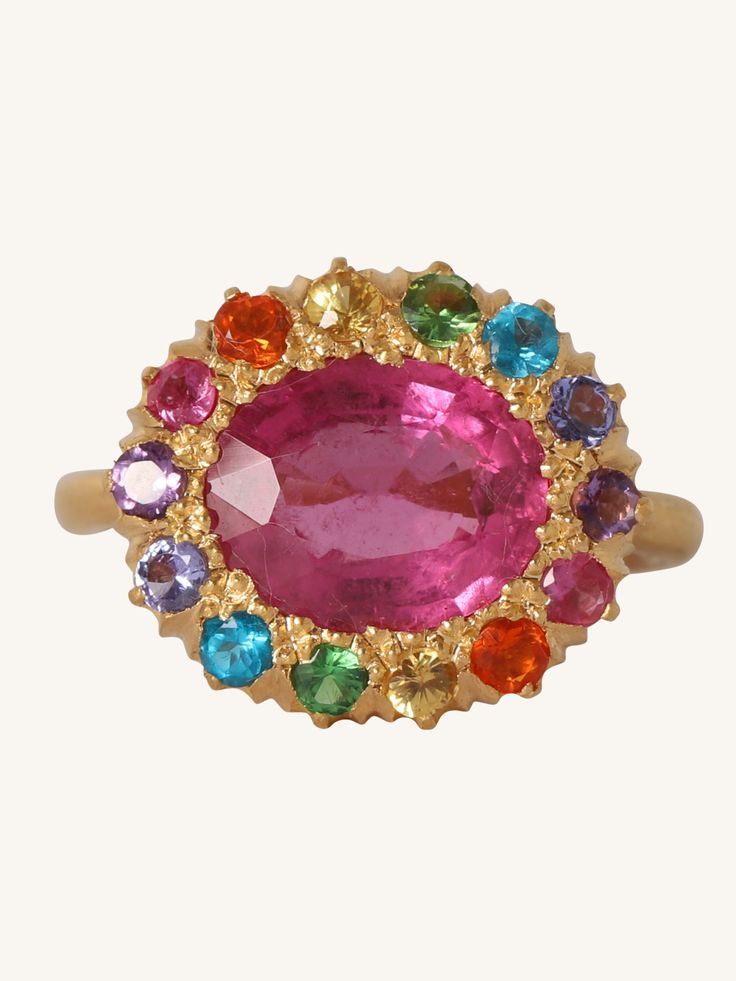 Want to visit me in person? Come on by! I live at Canary. DESCRIPTION A faceted oval pink tourmaline is set in 22k yellow gold with a halo of rainbow-colored gemstones. *All fine jewelry items are final sale items. WHY WE LOVE MARIE-HÉLÈNE DE TAILLAC: Created by Marie-Helene de Taillac, this eponymous jewelry collection is unmatched in its distinctive, India-inspired pieces. 22k yellow gold and a rainbow of gemstones create a regal, other-worldly feel with a dash of pure joy. THE 411 Size 6. Can Pink Oval Multi-stone Ruby Ring, Pink Oval Ruby Ring With Gemstone Accents, Marie Helene De Taillac, Rainbow Engagement Ring, India Inspired, Rainbow Ring, Colored Gemstones, Rainbow Rings, Pure Joy