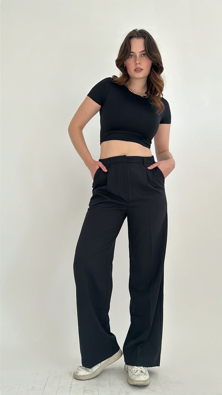 Core collection-- This collection of various interchangeable styles was curated for you to start building your dream capsule wardrobe. Each piece compliments another making it a cohesive look for your wardrobe. These ready-to-wear styles will help you to create your signature style. These high waisted, wide leg trousers will fit in nicely to your everyday wardrobe Model wearing a size Small (0-2) Text us at 513-330-2088 for sizing questions! Trendy Fitted Pants For Business Casual, Black Cropped Elastane Bottoms, Chic Cropped Bottoms For Formal Occasions, Elegant Cropped Pants For Work, Chic Cropped Fitted Bottoms, Chic Fitted Cropped Bottoms, Fitted Cropped Bottoms For Formal Occasions, Fitted Cropped Pants For Formal Occasions, Chic Cropped Formal Pants