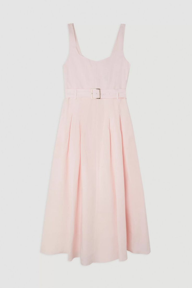 Petite Premium Tailored Linen Square Neck Belted Midi Dress | Karen Millen Spring A-line Dress With Belt, Summer A-line Midi Dress With Pleated Skirt, Pleated Full Skirt Midi Dress For Work, Fitted Pleated Belted Summer Dress, Fitted Pleated Belted Dress For Summer, Fitted Midi Dress With Box Pleat For Summer, Chic Pleated Midi Dress With Full Skirt, Elegant Spring Midi Dress With Box Pleat, Chic Pleated Full Skirt Midi Dress