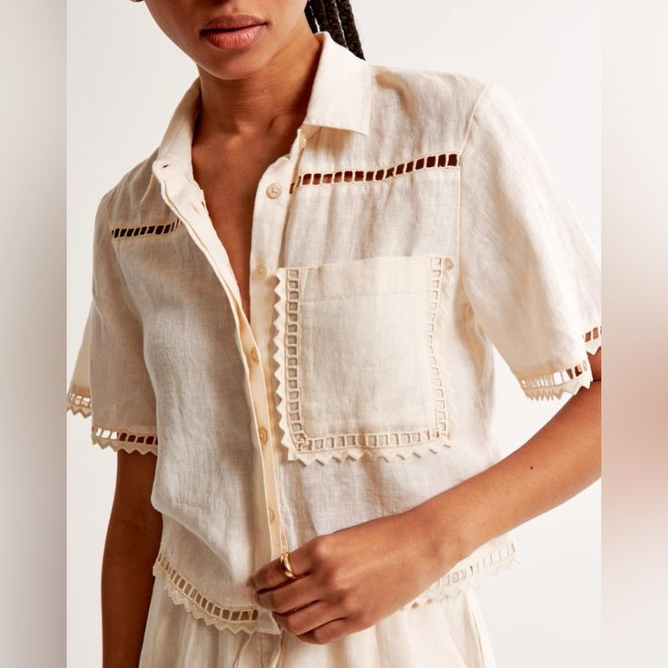 Nwt Abercrombie & Fitch Embroidered Linen Short Sleeve Shirt Size Small Cropped Linen Shirt, Womens Matching Sets, Linen Shirts Women, Color Trends Fashion, Feminine Top, Shirts Short Sleeve, Embroidered Linen, Linen Short, Mood Board Fashion