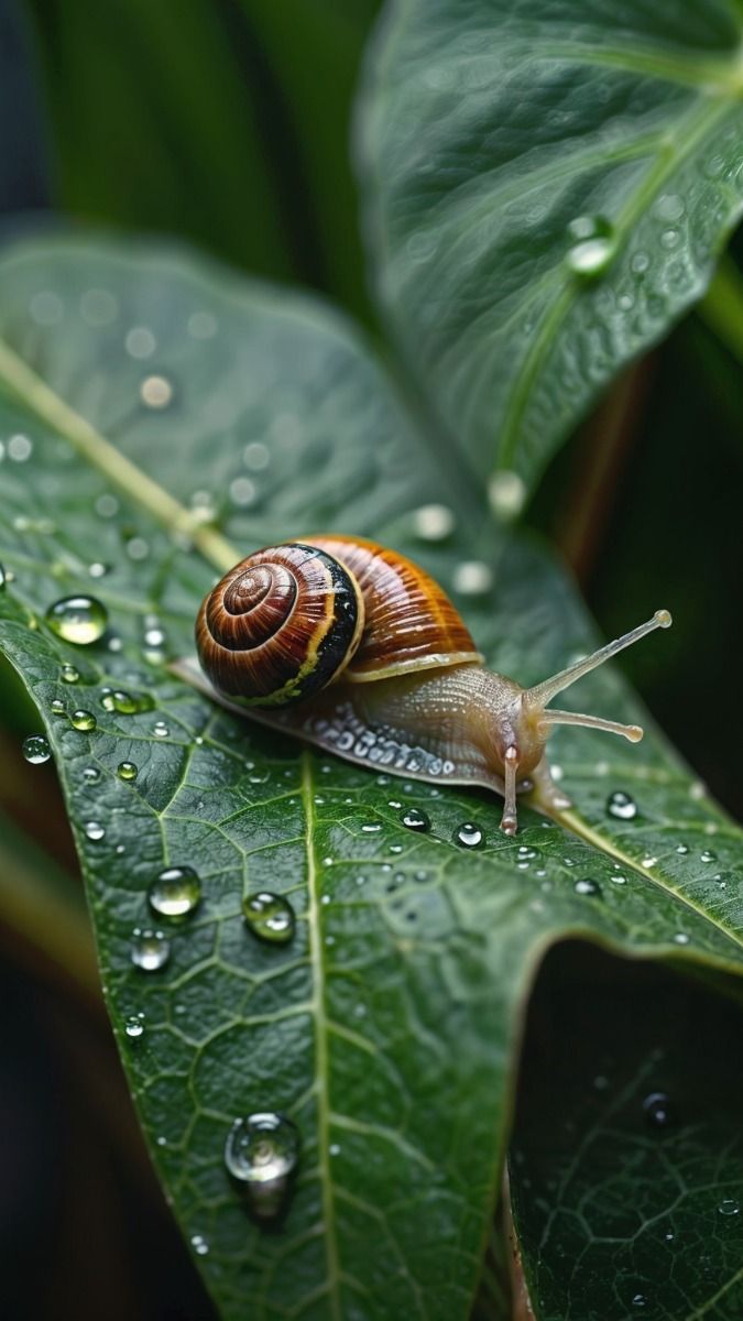 a snail sitting on top of a green leaf covered in raindrops and water droplets