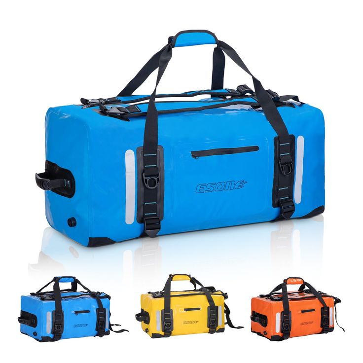 four different colored duffel bags with straps on each side and the same bag in front