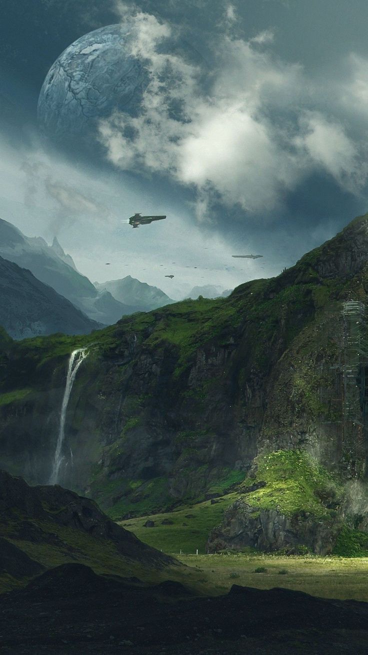 an image of a sci - fi scene with mountains and waterfalls