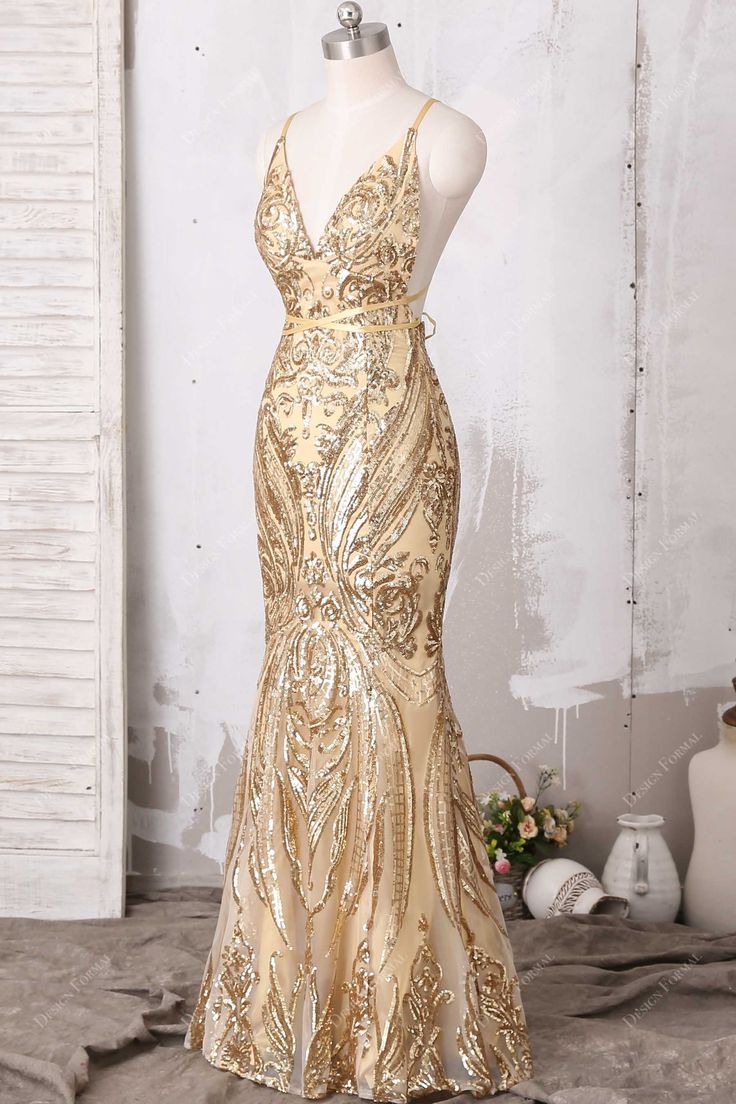 Gold Mermaid Dress With Sweep Train For Prom, Gold Sequined Gown For Prom, Gold Floor-length Mermaid Dress For Prom, Gold Mermaid Dress For Wedding And Prom Season, Glamorous Gold Mermaid Dress For Prom Season, Glamorous Gold Mermaid Dress For Prom, Gold Mermaid Dress With Sequins For Wedding, Gold Sequined Mermaid Dress For Wedding, Gold Sequined Mermaid Wedding Dress