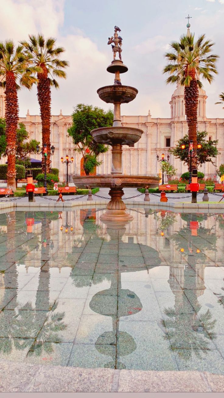 a fountain in the middle of a plaza with palm trees and buildings in the background