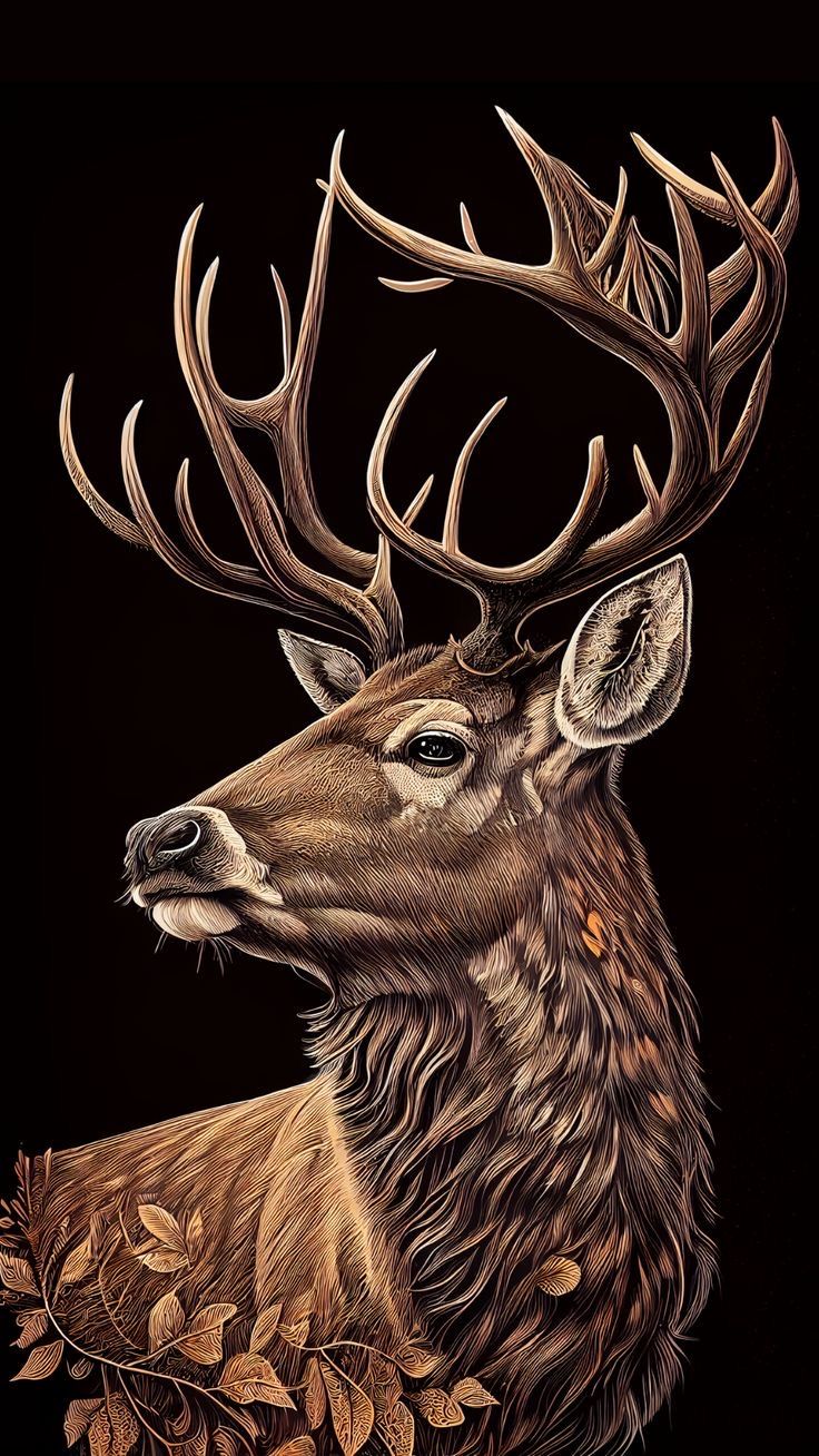 a drawing of a deer with antlers on it's head and leaves around its neck