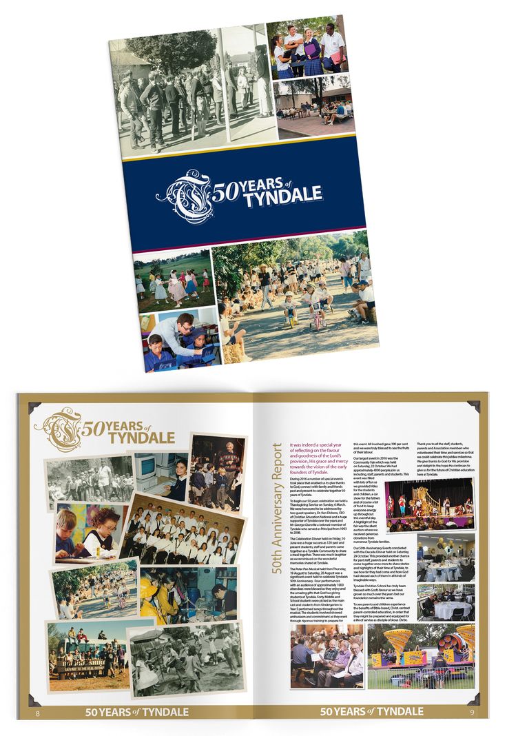 an open brochure with pictures of people in the background and text on it