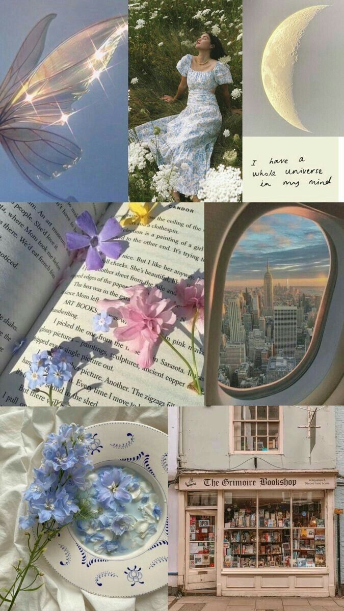 the collage is full of different pictures including flowers, books and an open book