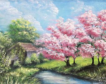 an oil painting of pink trees by the river with a house in the background and blue sky