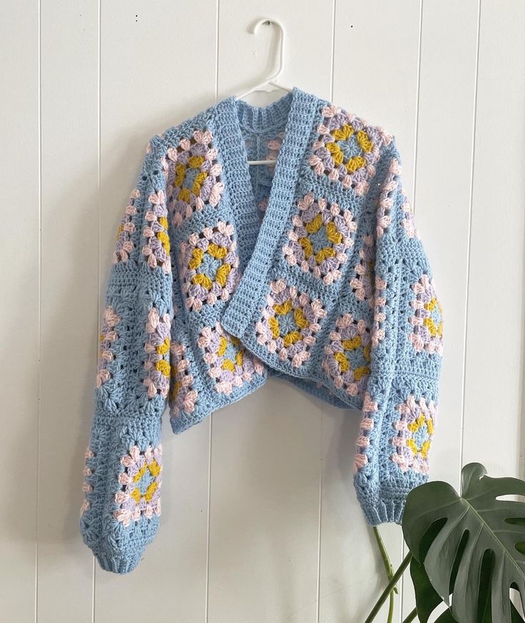 a blue crocheted sweater hanging on a wall next to a potted plant