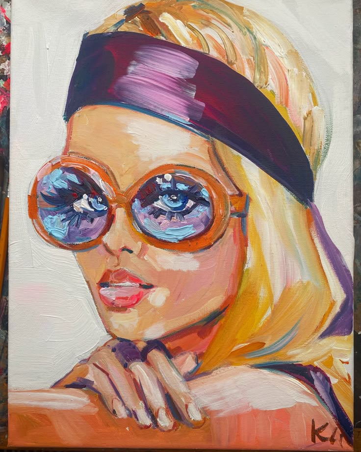 a painting of a woman wearing sunglasses and a headband with her hand on her chest