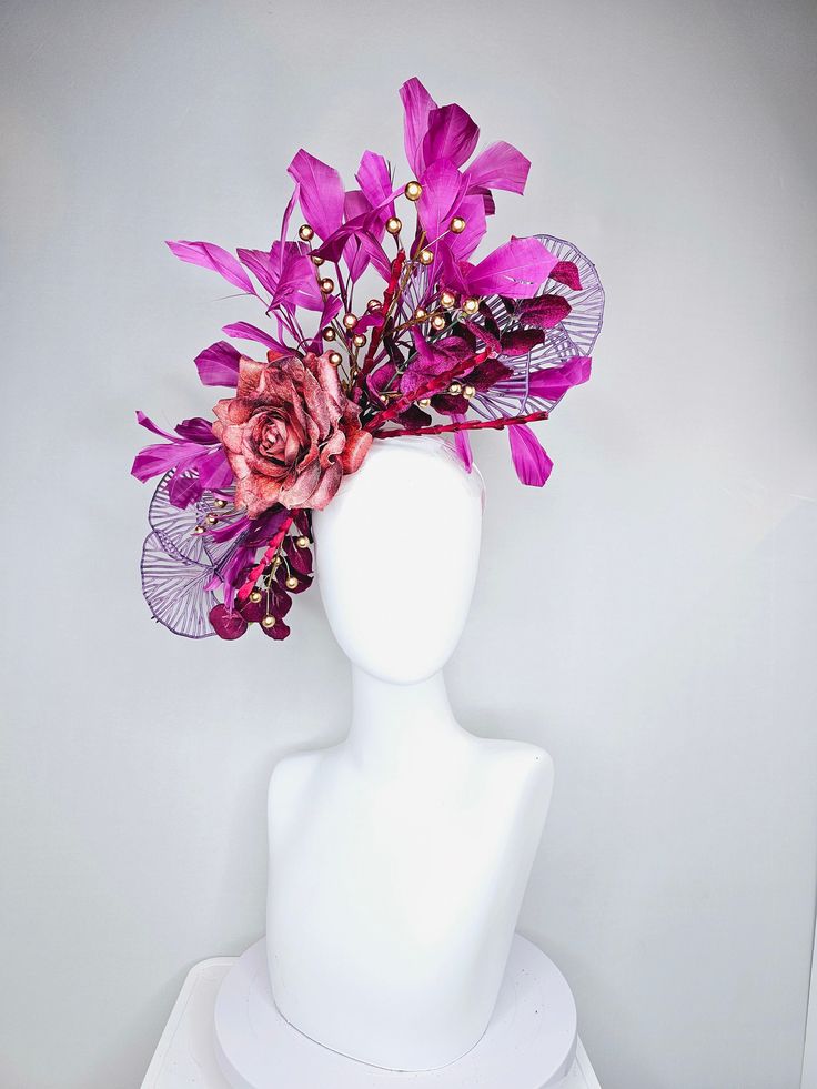 The Hat Doctor From the 2024 Featured Milliner of the Kentucky Derby Museum  kentucky derby hat fascinator large burnt orange rose flower with gold bronze pearls purple wine magenta leaves and  purple feathers headband attachment each hat is totally one of a kind! no two are alike! I can probably add feathers, flowers etc to existing hats for a small fee. I cannot remove anything from existing hats. Just message me and see if we can make it work! :) I cannot make custom order from scratch. My sc Luxury Elegant Red Costume Hats And Headpieces, Purple Feathered Headpieces For Kentucky Derby, Purple Headpiece With Handmade Flowers For Kentucky Derby, Purple Handmade Flowers Headpiece For Kentucky Derby, Purple Kentucky Derby Fascinator For Races, Purple Fascinator For Kentucky Derby Races, Leopard Wedding, Kentucky Derby Attire, Flamingo Stuff