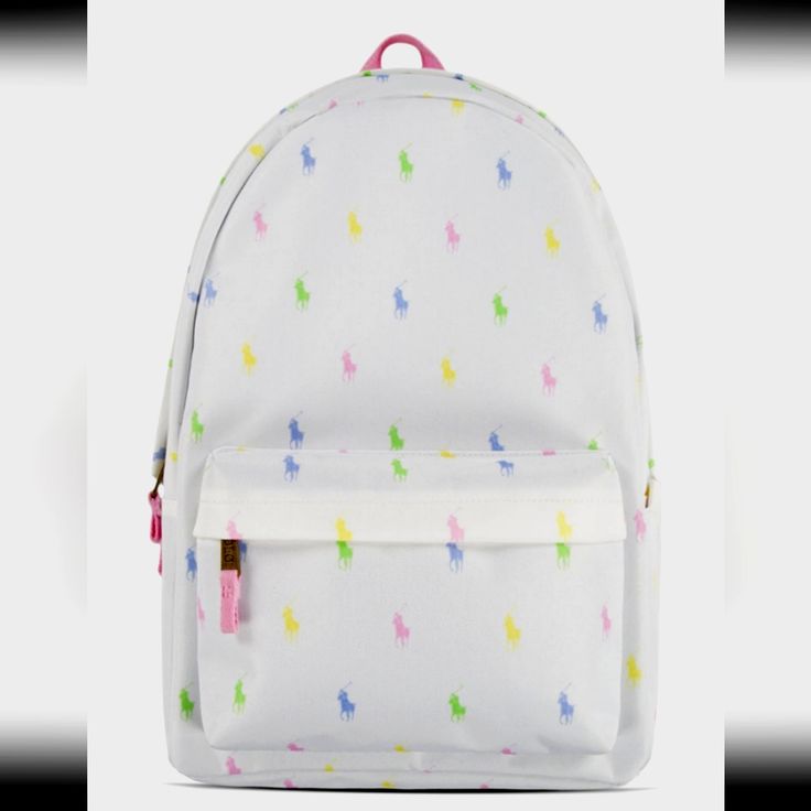 Polo Ralph Lauren Womens/Girls Multi Pony Player Print Backpack. *New With Tags Trendy White Backpack, Trendy White School Backpack, White Preppy Backpack For Students, Cute Everyday White Backpack, Cute White Everyday Backpack, Preppy White Standard Backpack, Preppy White School Backpack, White Preppy School Backpack, Trendy White Standard Backpack