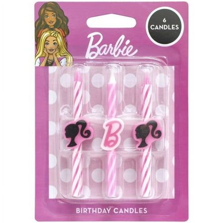 barbie birthday candles with pink and white polka dots on the top, set of 6