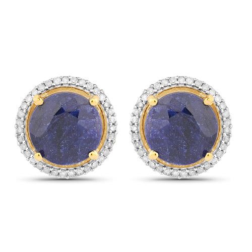 5.20 Carat Dyed Sapphire and White Diamond .925 Sterling Silver Earrings Sapphire Tanzanite Jewelry With Matching Earrings, Yellow Gold Gemstones With Halo Setting, Round Yellow Gold Gemstones With Halo Setting, Fine Jewelry Round Sapphire Gemstones, Round Sapphire Gemstone Fine Jewelry, Sapphire Earrings With Halo Setting For Anniversary, Round Gemstones With Diamond Accents For Gifts, Formal Round Gemstones With Diamond Accents, Round Diamond Earrings With Halo Setting As Gift