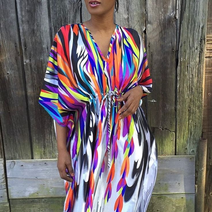 Satin Caftan Multi Color One Size Gorgeous Colors Perfect For A Vacation Or Sitting Beachside Multicolor Flowy V-neck Kaftan, Multicolor V-neck Kaftan For Vacation, Multicolor V-neck Cover-up For Beach Party, Multicolor V-neck Beach Dress With Vibrant Print, Multicolor V-neck Vibrant Print Beach Dress, Colorful V-neck Beach Dress, Multicolor V-neck Maxi Dress For Beach, Flowy Multicolor V-neck Kaftan, Multicolor V-neck Kaftan For Beach Cover-up