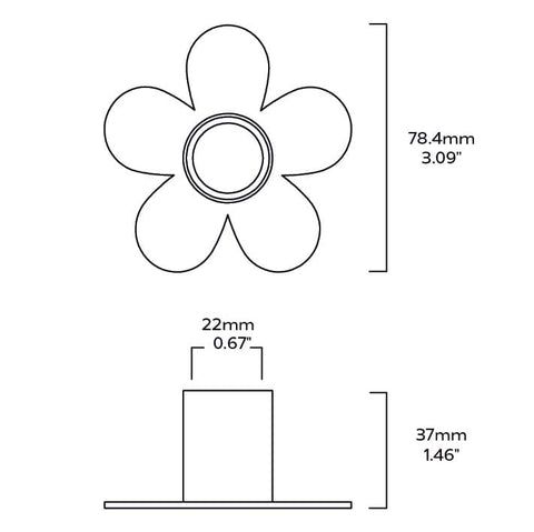 a drawing of a flower with the measurements for each piece in front and side view