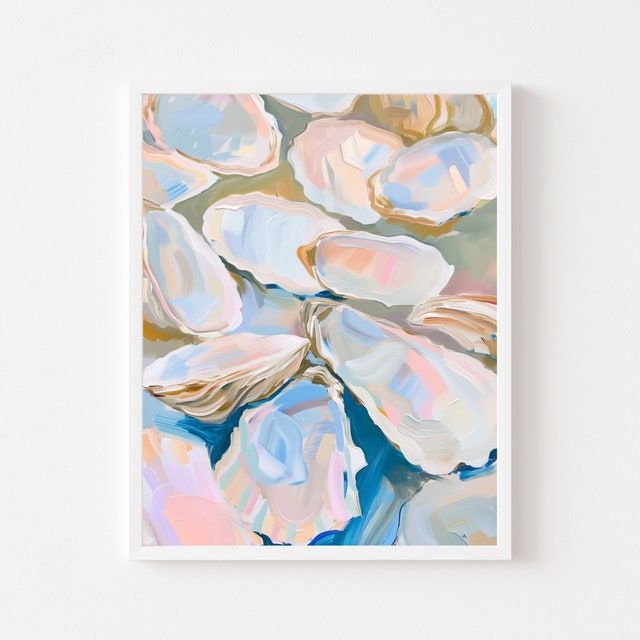 an abstract painting of pink and blue flowers