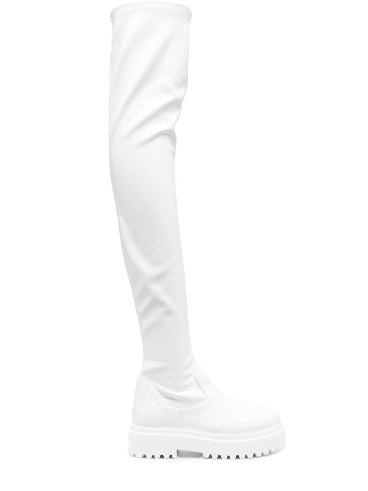 cloud white calf leather blend round toe branded insole low heel thigh-length pull-on style rubber sole Chic White Knee-high Platform Boots, White Fitted Over-the-knee Boots, Elegant White Leather Platform Boots, White Leather Knee-high Boots With Round Toe, Chic White Knee-high Boots With Round Toe, Modern White Boots With Lug Sole, Sci Fi Boots, White Long Boots, Thigh High Combat Boots