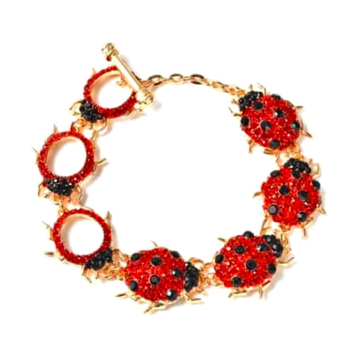 Ladybug Bracelet With Red And Black Austrian Crystals In Goldtone. Will Fit A 6.5 To 9 Inch Wrist. Red Metal Crystal Bracelet Gift, Red Crystal Bracelet For Party, Elegant Adjustable Red Crystal Bracelet, Elegant Red Adjustable Crystal Bracelet, Elegant Red Crystal Bracelet For Parties, Elegant Red Crystal Party Bracelet, Handmade Red Metal Bracelets, Adjustable Red Beaded Bracelet, Handmade Elegant Red Crystal Bracelet