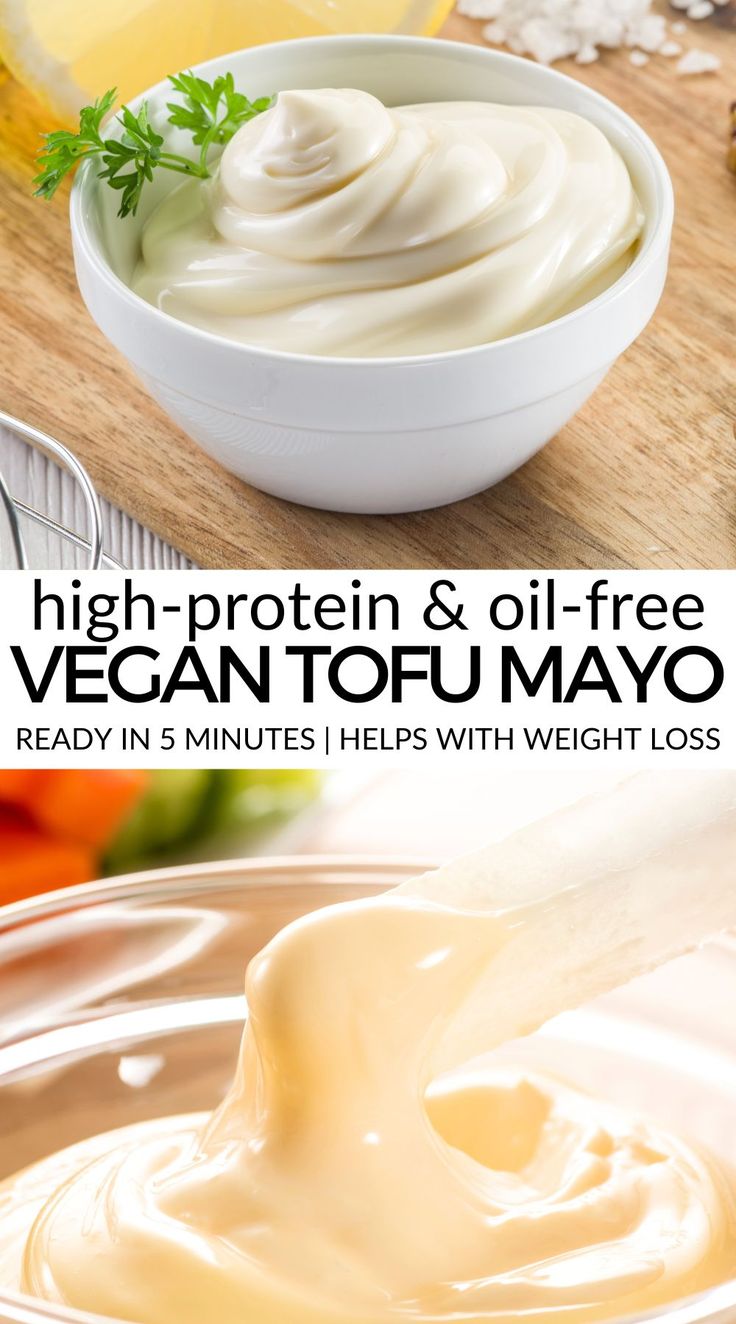 the ingredients for vegan tofu mayo in bowls