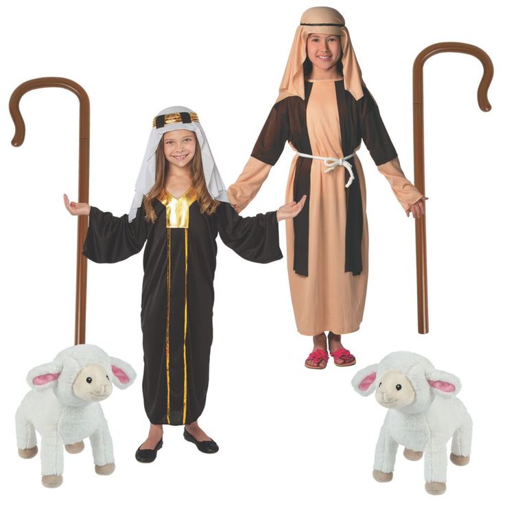 two children dressed in biblical costumes and one holding an umbrella with sheeps on it