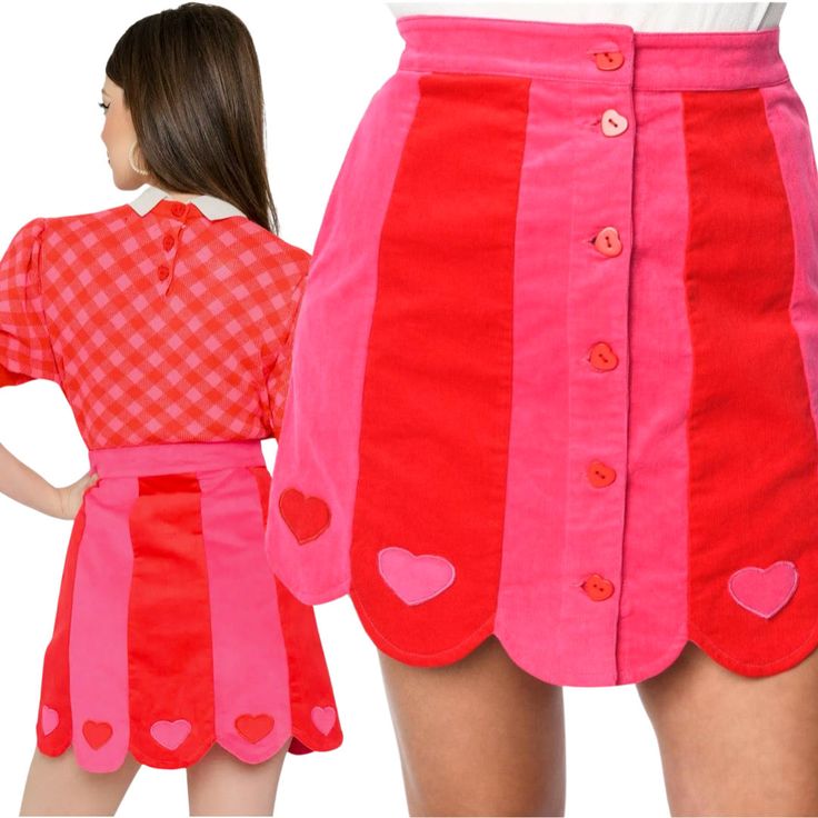 XS (2) / Small (4) / Medium (6-8) / Large (10-12) / XL (14) Jennifer is 5’4” & wearing a Size XS Embroidered Hearts Pockets Scalloped Hem Corduroy Heart Buttons View Valentines Collection ➡️ HERE Lovecore Outfits, Heart Overalls, Valentine Sewing, Lovecore Fashion, Valentines Fashion, Clown Outfit, Heart Skirt, Meg Griffin, Valentines Collection