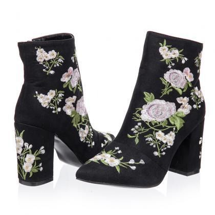 Floral Embroidered Black Suede Pointed Toe Ankle Boots on Luulla Black Floral Embroidery Boots For Fall, Black Boots With Floral Embroidery For Fall, Embroidered Pointed Toe Boots For Fall, Spring High Heel Boots With Floral Embroidery, Fall Embroidered High Heel Boots, Trendy Embroidered Winter Boots, Elegant Embroidered Pointed Toe Boots, Embroidered High Heel Boots For Spring, Party Boots With Floral Embroidery And Round Toe