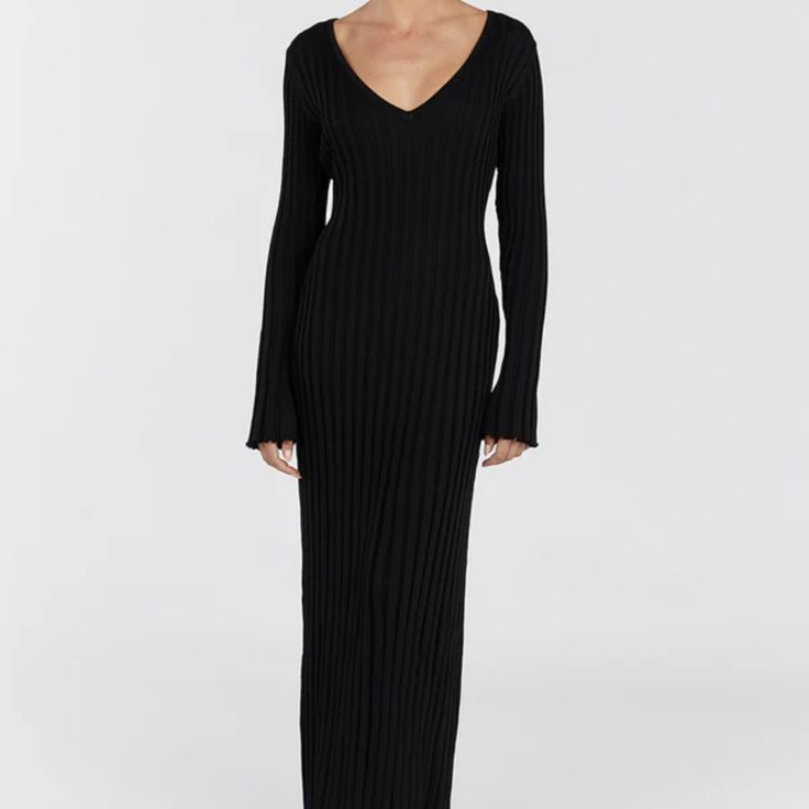 Questions? Leave A Comment Below! Elegant Ribbed V-neck Maxi Dress, Black V-neck Sweater Dress For Evening, Elegant Long Knit Midi Dress, Ribbed Knit Evening Dresses, Evening Ribbed Knit Sweater Dress, Ribbed Knit Sweater Dress For Evening, Evening Bodycon Knit Dresses, Evening Knit Bodycon Dress, Evening Bodycon Ribbed Maxi Dress