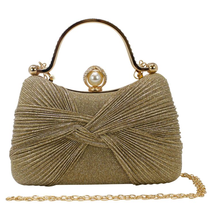 This stunning bow Shimmering clutch bag is the perfect accessory for a night out or any special occasions. The shimmering texture detailing is sure to catch the eye and add a touch of glamour to your outfit. The compact size is perfect for carrying just the essentials, and the clutch comes with a detachable metal chain strap for versatility. The bag features gold hardware, the clap is diamante rhinestone encrusted with a pearl on the inside. The two diamante encrusted grab handles lets you use it as a grab bag.  This sparkly bag is the perfect accessory for a wedding or party outfit. The glitter shades compliment party outfits. Pair with some matching sparkly shoes to stand out from the crowd. Dimension: W x H x D = 19cm x 12cm x 7cm approximately.      Perfect as a gift or present or just Elegant Clutch Bag With Bow, Elegant Bags With Bow For Events, Formal Clutch Bag With Bow, Formal Clutch With Bow, Formal Clutch With Bow Detail, Formal Rectangular Bag With Bow, Glamorous Wedding Clutch For Party Season, Event Clutch Bag With Bow Detail, Elegant Bags With Bow For Party